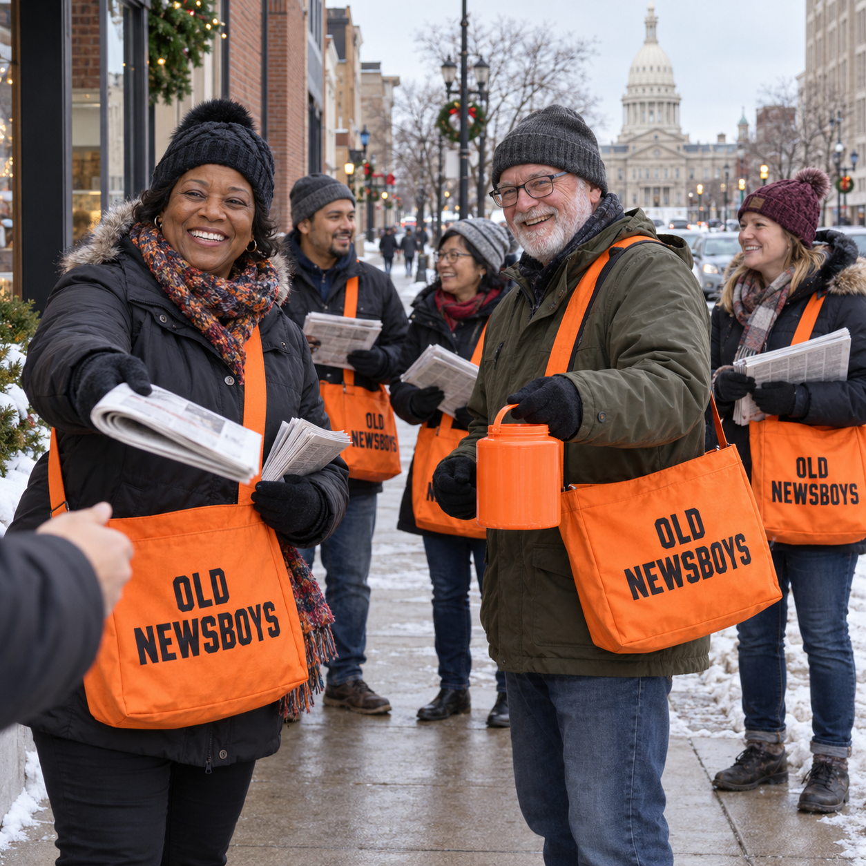 Lansing Volunteers with Orange Newsboy Bags
